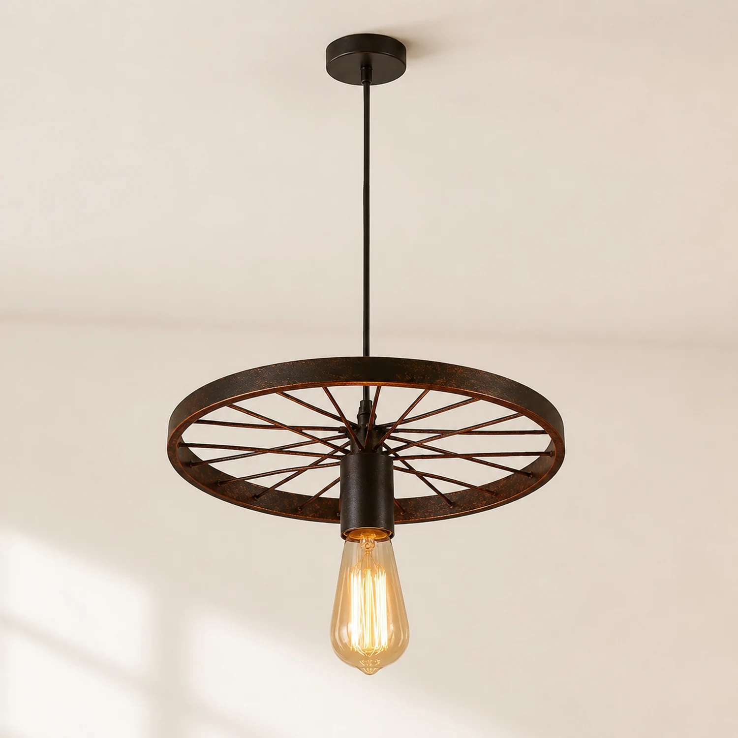 Alessio Retro Industrial Wagon Wheel Metal Pendant Light, Black/Rust - Lumpaz