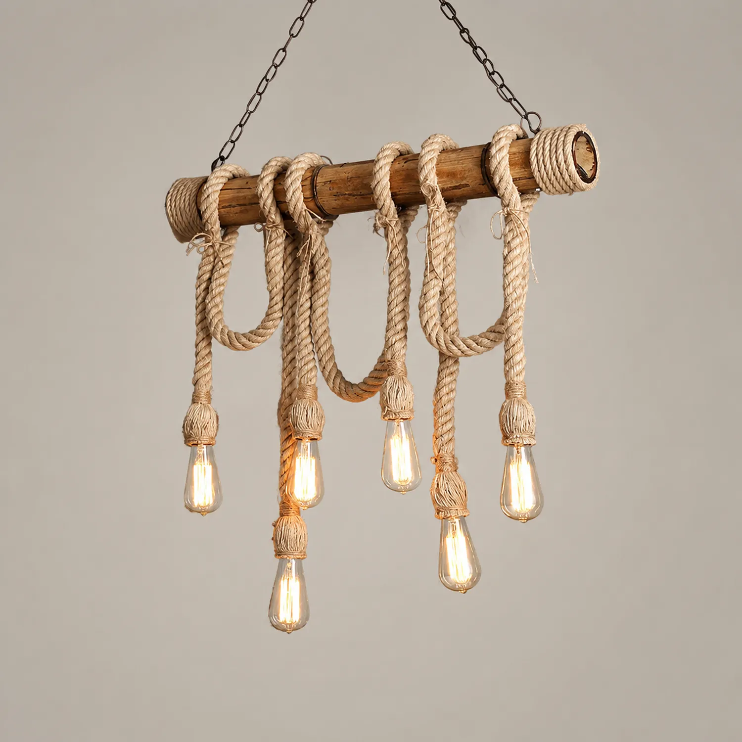 Alessio Vintage Wood/Rope Pendant Light, Farmhouse, Living Room - Lumpaz