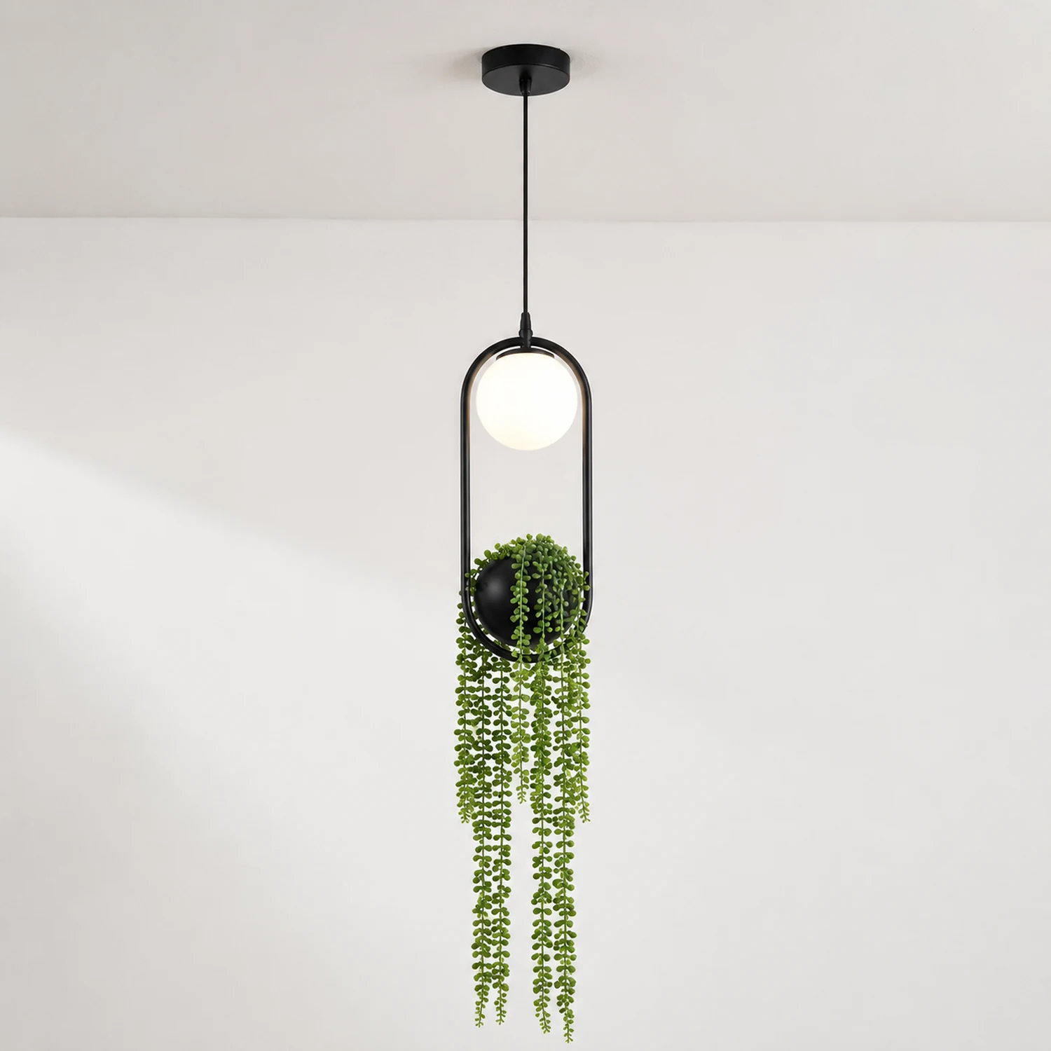 Natural Plant Pot Ball Metal Pendant Light, Black/Green - Lumpaz