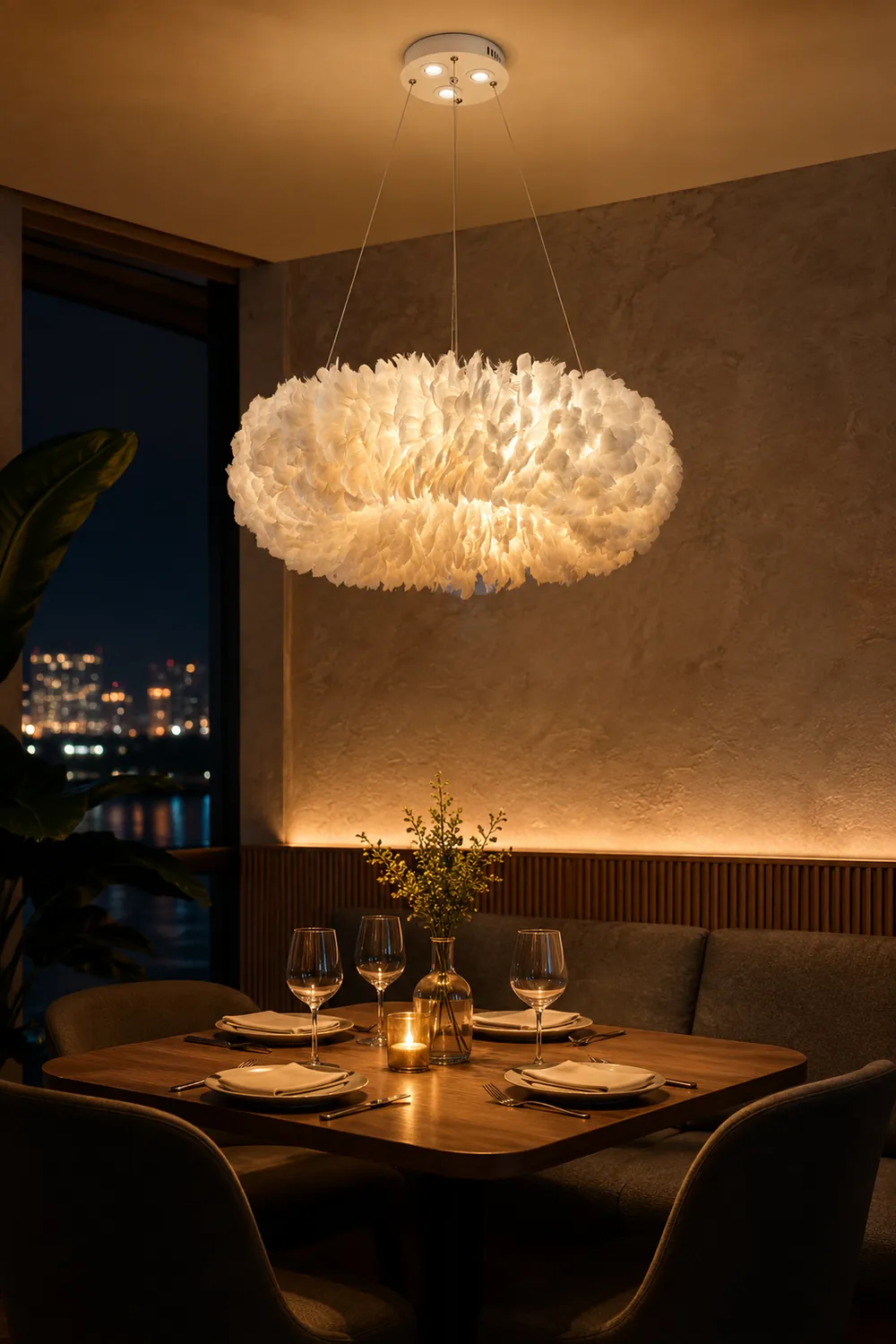 O'Moore Romantic Ring Feather/Metal Pendant Light, Natural Ostrich - Lumpaz