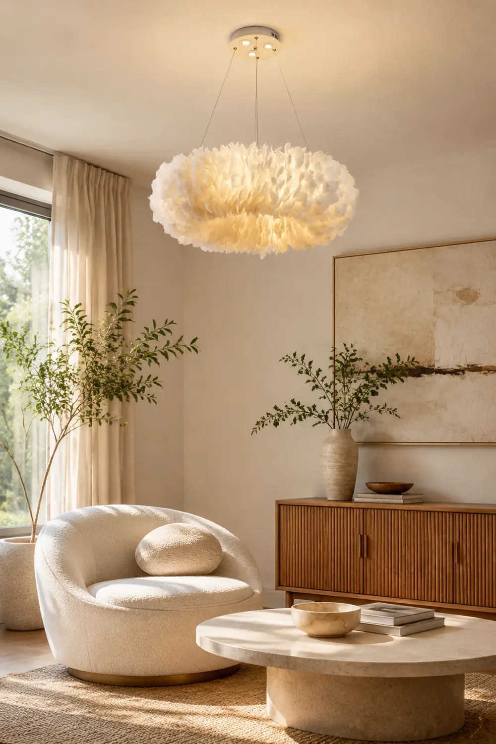 O'Moore Romantic Ring Feather/Metal Pendant Light, Natural Ostrich - Lumpaz