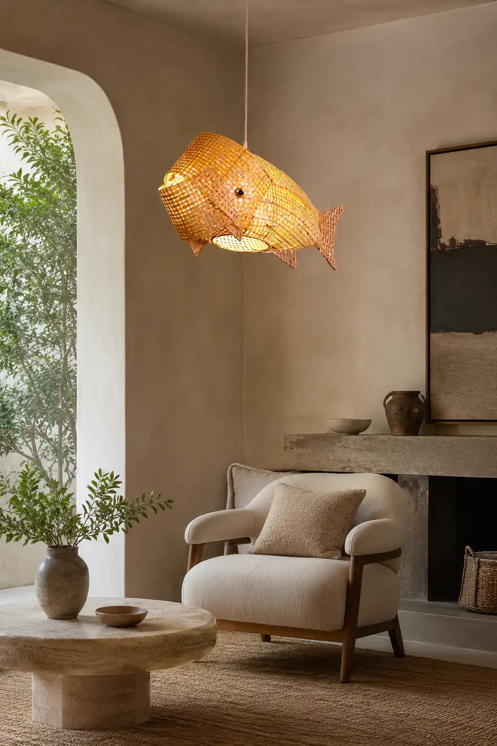 Muto Art Deco Rattan Pendant Light, Fish , Bamboo, Restaurant - Lumpaz