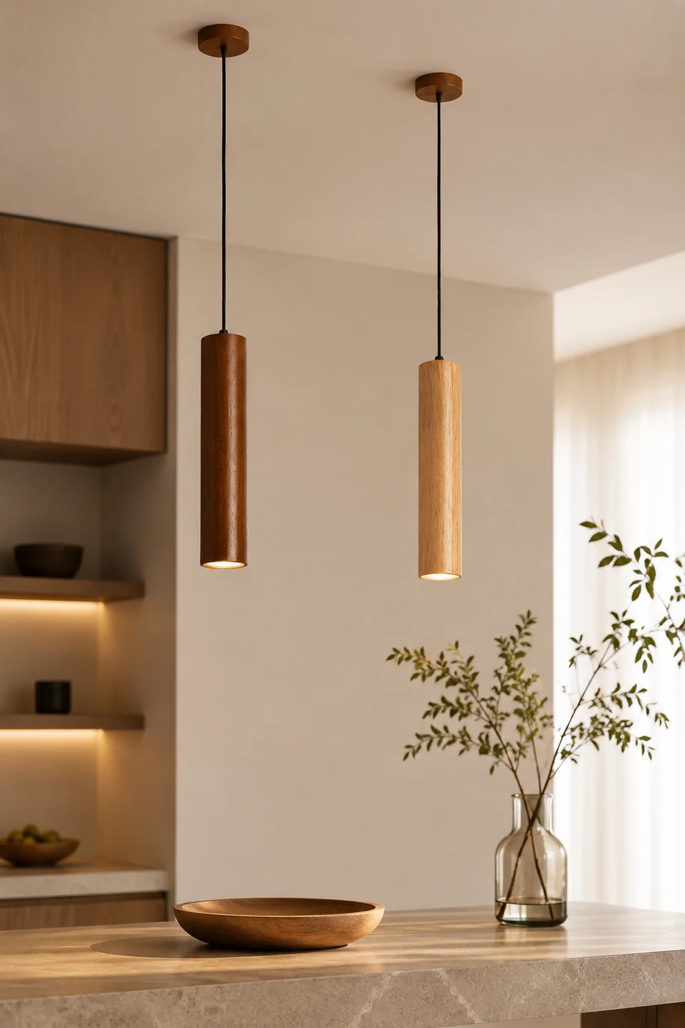 Ozawa Cylindrical Wood Pendant Light for Bedroom Kitchen Island - Lumpaz