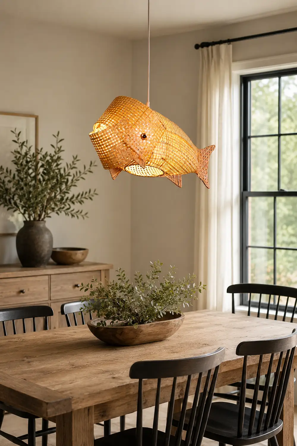 Muto Art Deco Rattan Pendant Light, Fish , Bamboo, Restaurant - Lumpaz