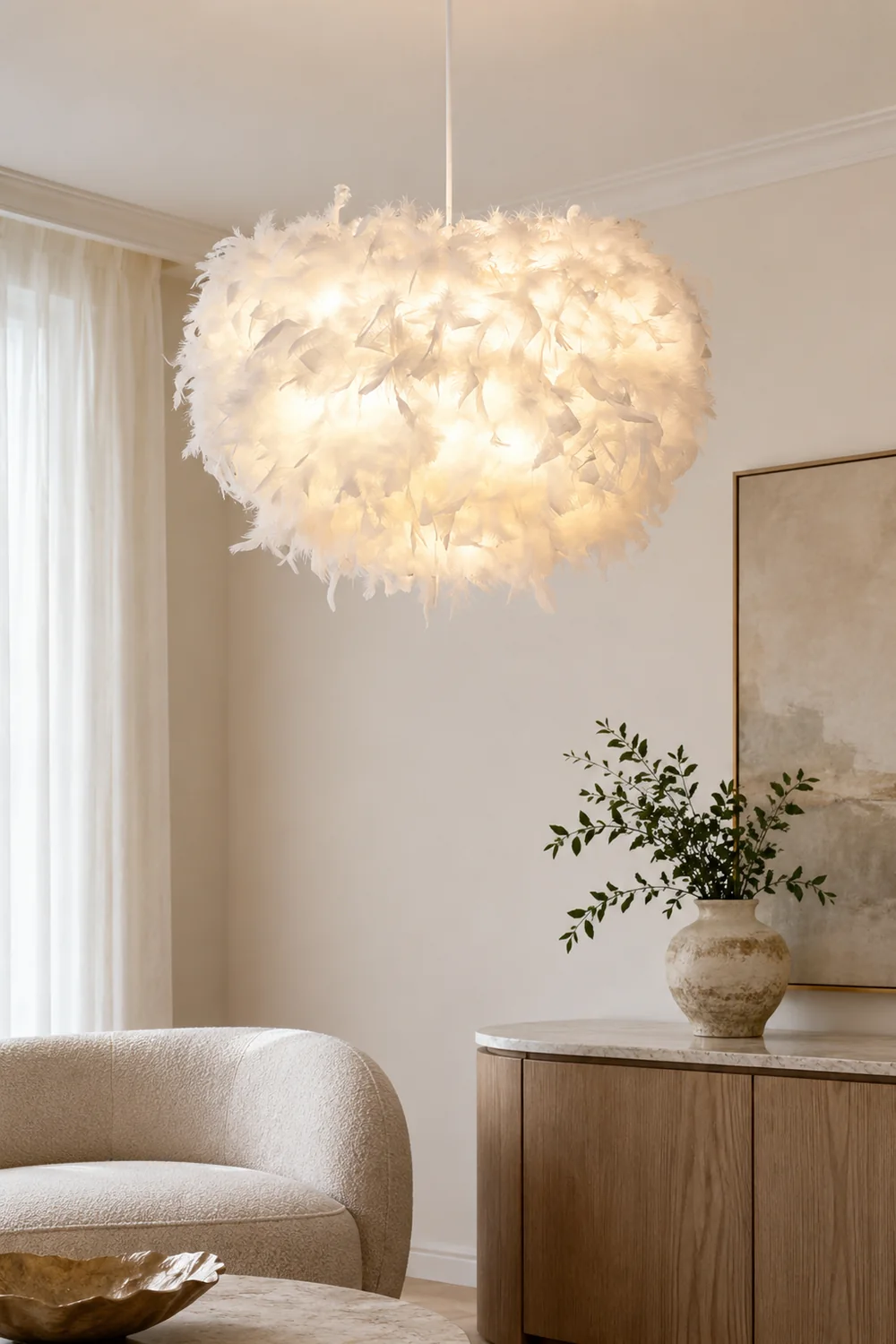O'Moore Nordic Art Deco Feather Pendant Light, White/Pink - Lumpaz
