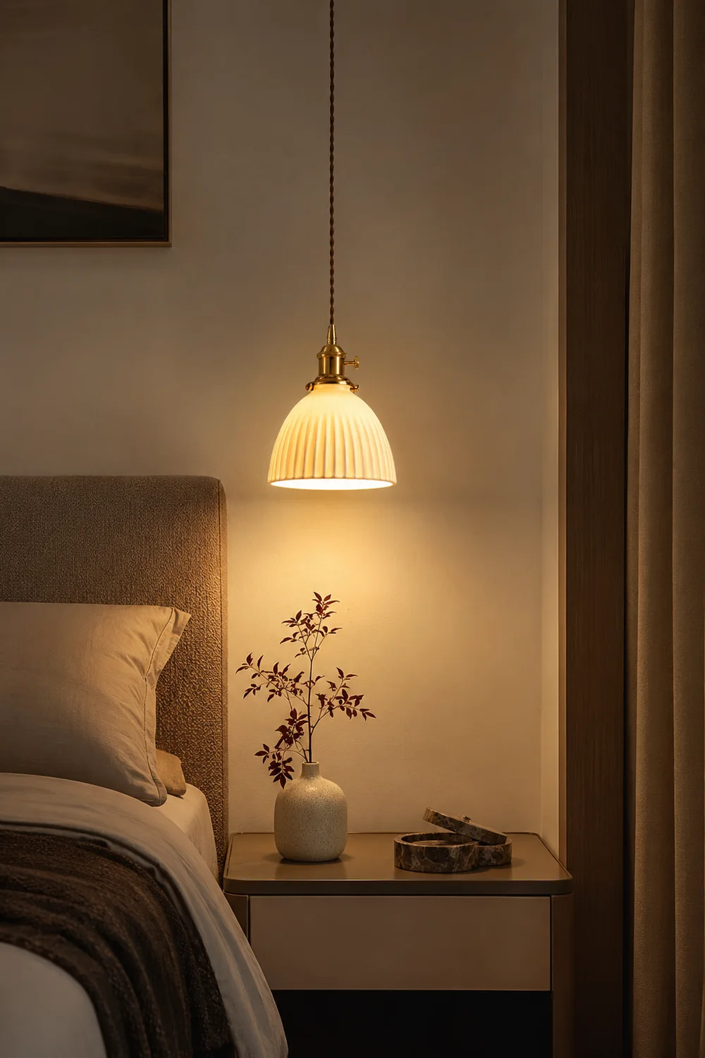 Brass Pleated Ceramic Pendant Lamp - Lumpaz