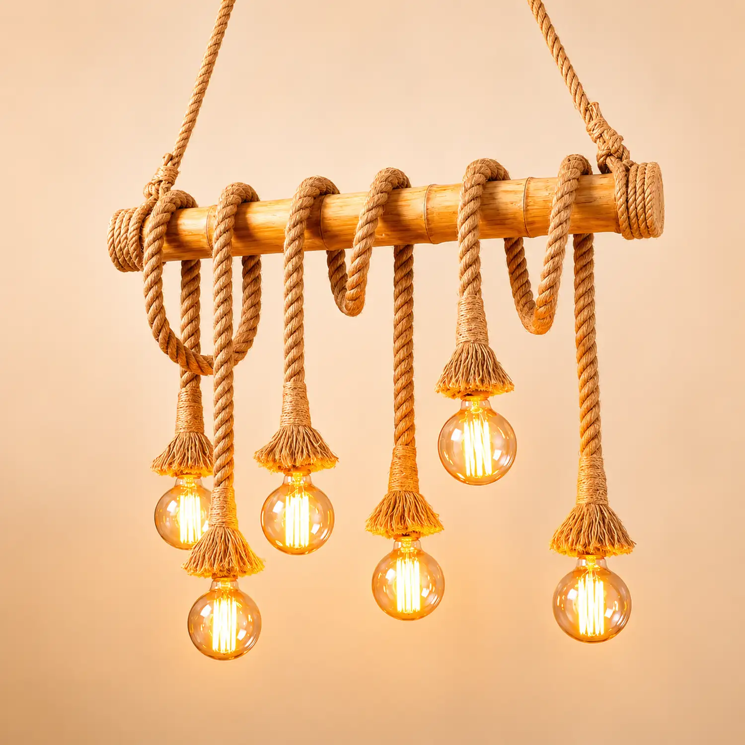 Alessio Vintage Wood/Rope Pendant Light, Farmhouse, Living Room - Lumpaz