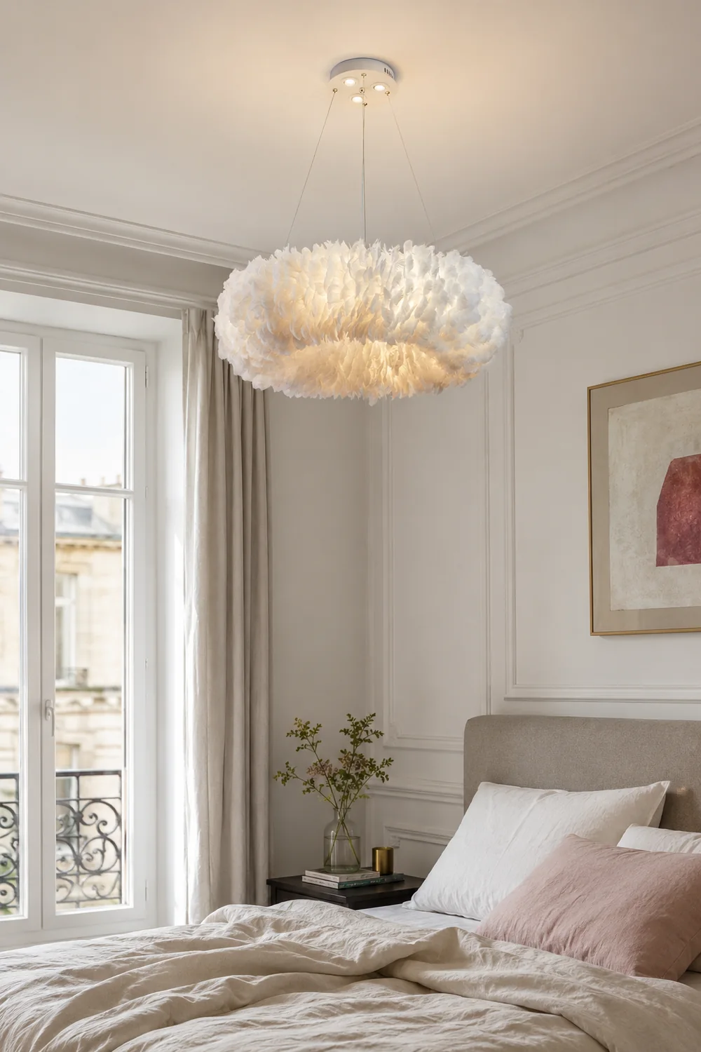 O'Moore Romantic Ring Feather/Metal Pendant Light, Natural Ostrich - Lumpaz