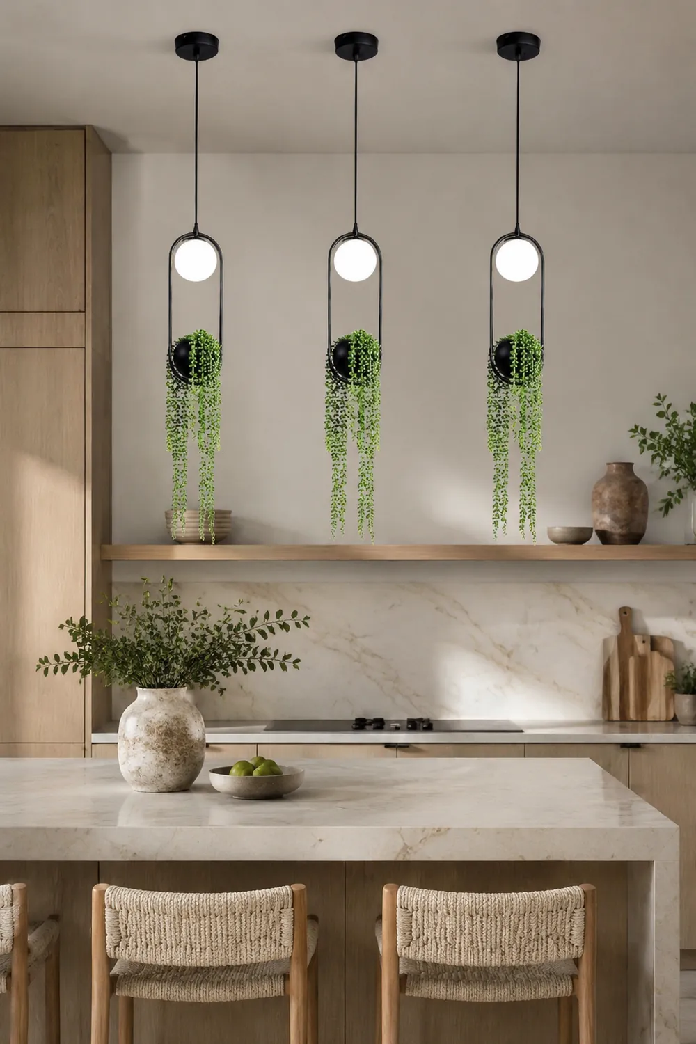 Natural Plant Pot Ball Metal Pendant Light, Black/Green - Lumpaz