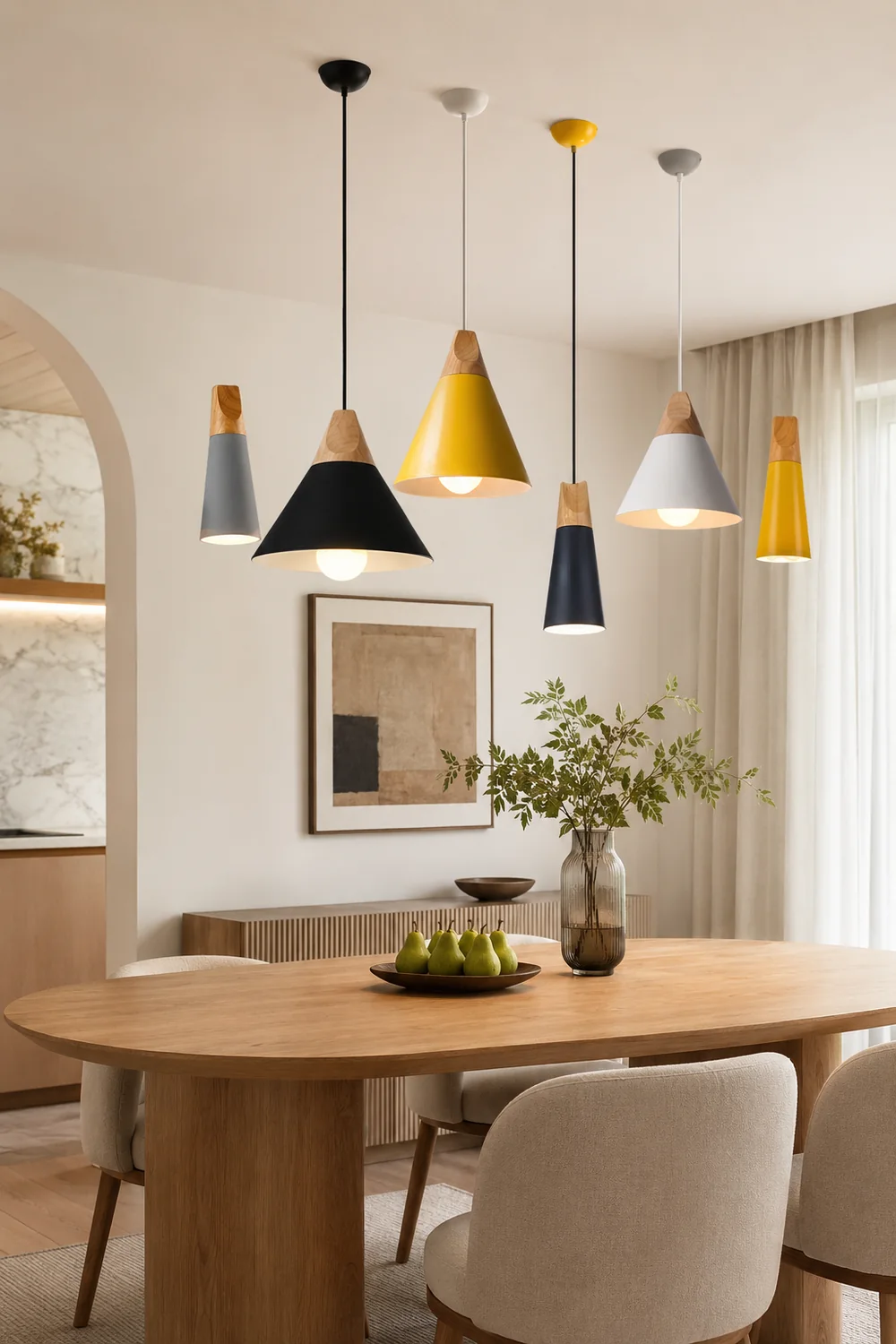 Morandi Multi-Shaped Wood And Metal Pendant Light, 6 Colors - Lumpaz
