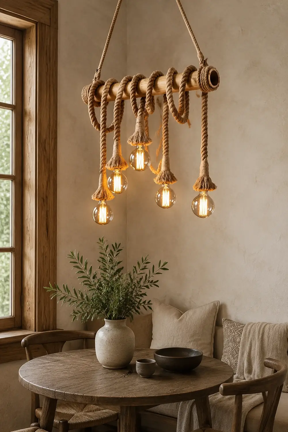 Alessio Vintage Wood/Rope Pendant Light, Farmhouse, Living Room - Lumpaz