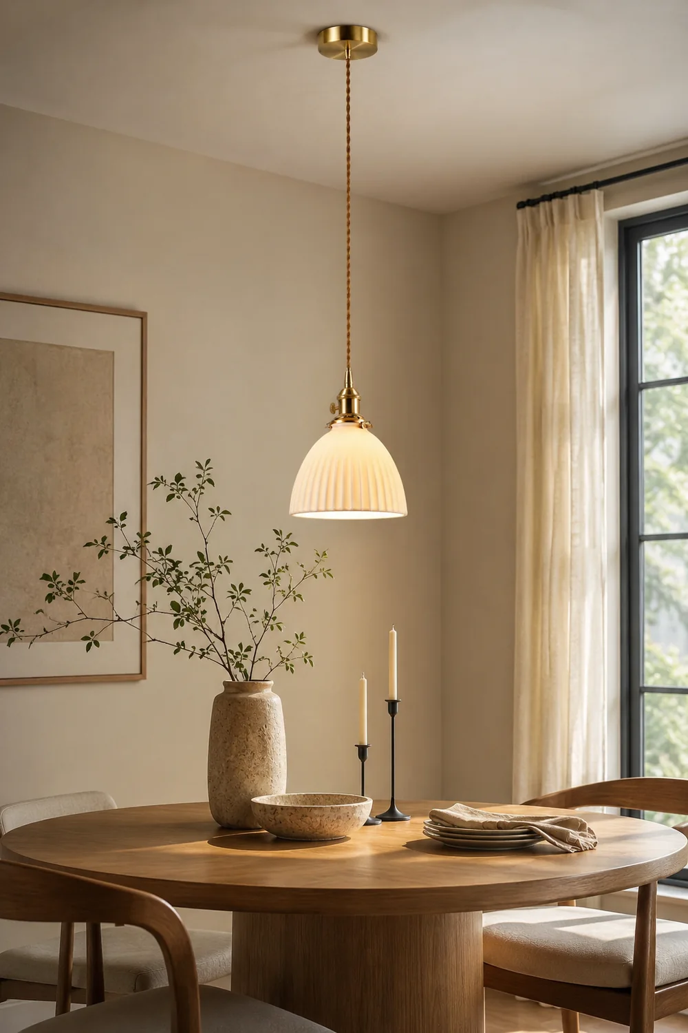 Brass Pleated Ceramic Pendant Lamp - Lumpaz
