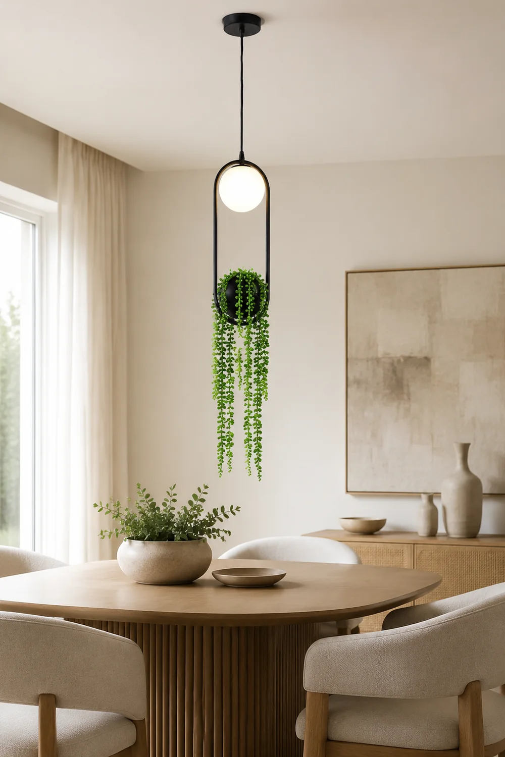 Natural Plant Pot Ball Metal Pendant Light, Black/Green - Lumpaz