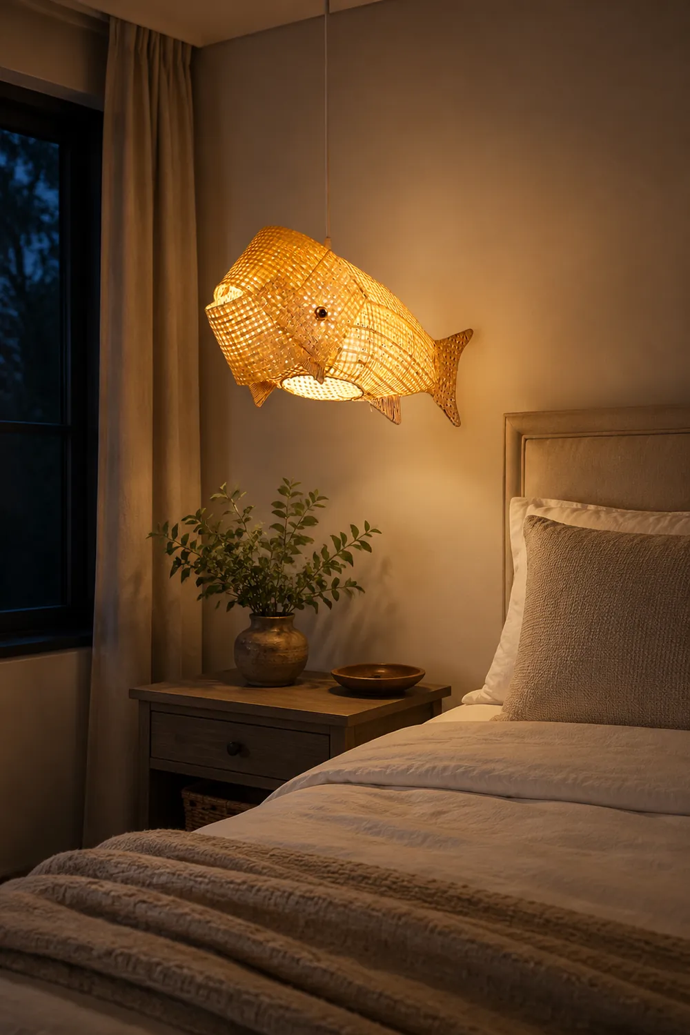 Muto Art Deco Rattan Pendant Light, Fish , Bamboo, Restaurant - Lumpaz
