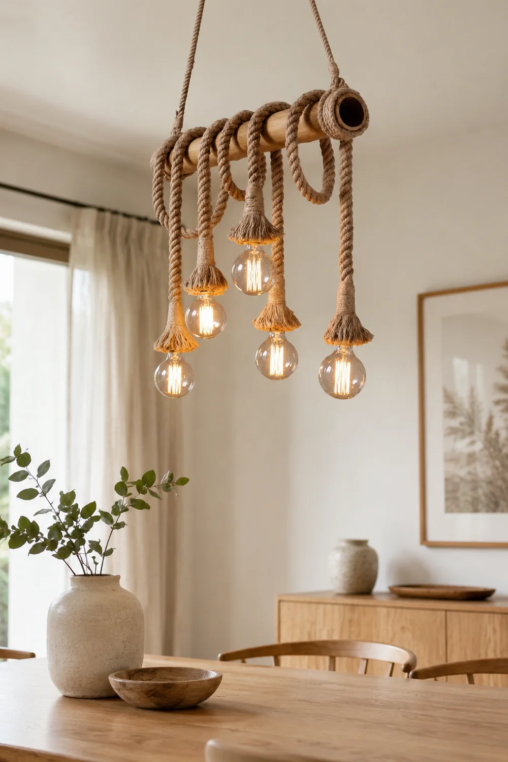 Alessio Vintage Wood/Rope Pendant Light, Farmhouse, Living Room - Lumpaz