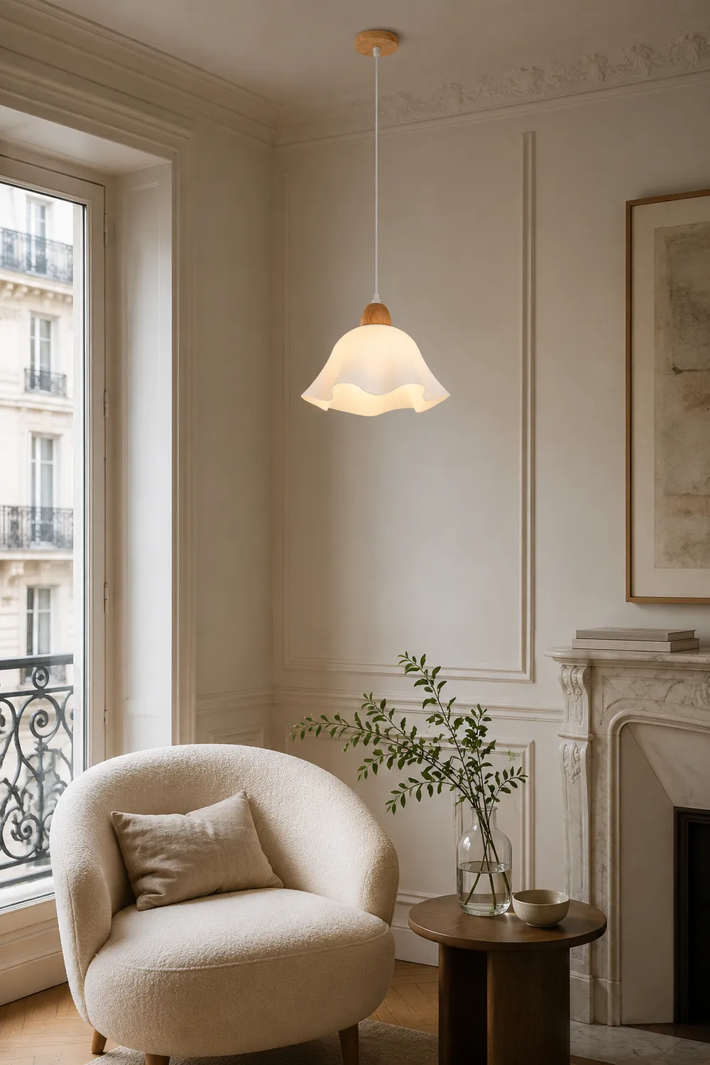 Ozawa Minimalist Flower Acrylic/Wood Pendant Light, White - Lumpaz