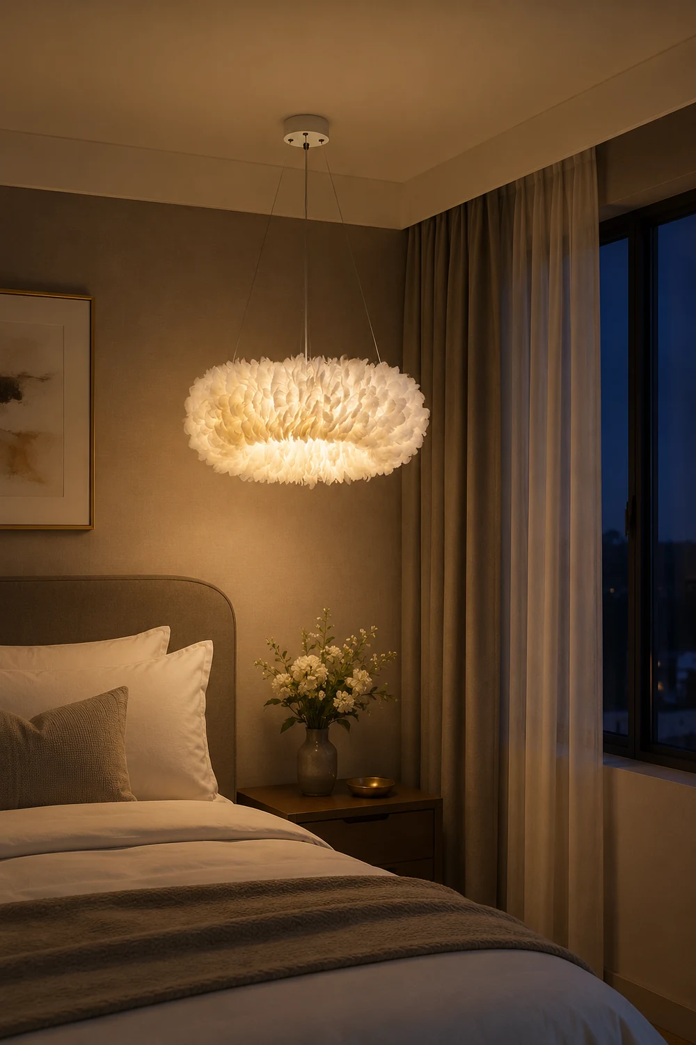 O'Moore Romantic Ring Feather/Metal Pendant Light, Natural Ostrich - Lumpaz