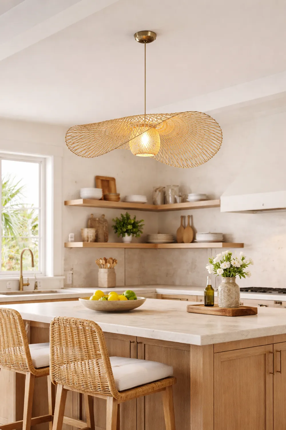 Muto Natural Hat Rattan Bamboo Pendant Light, wood - Lumpaz