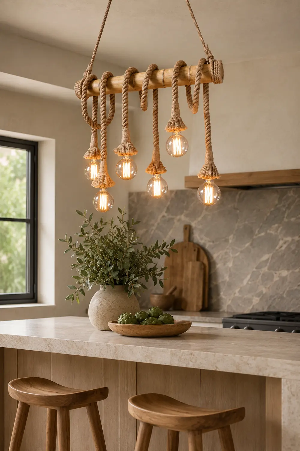 Alessio Vintage Wood/Rope Pendant Light, Farmhouse, Living Room - Lumpaz