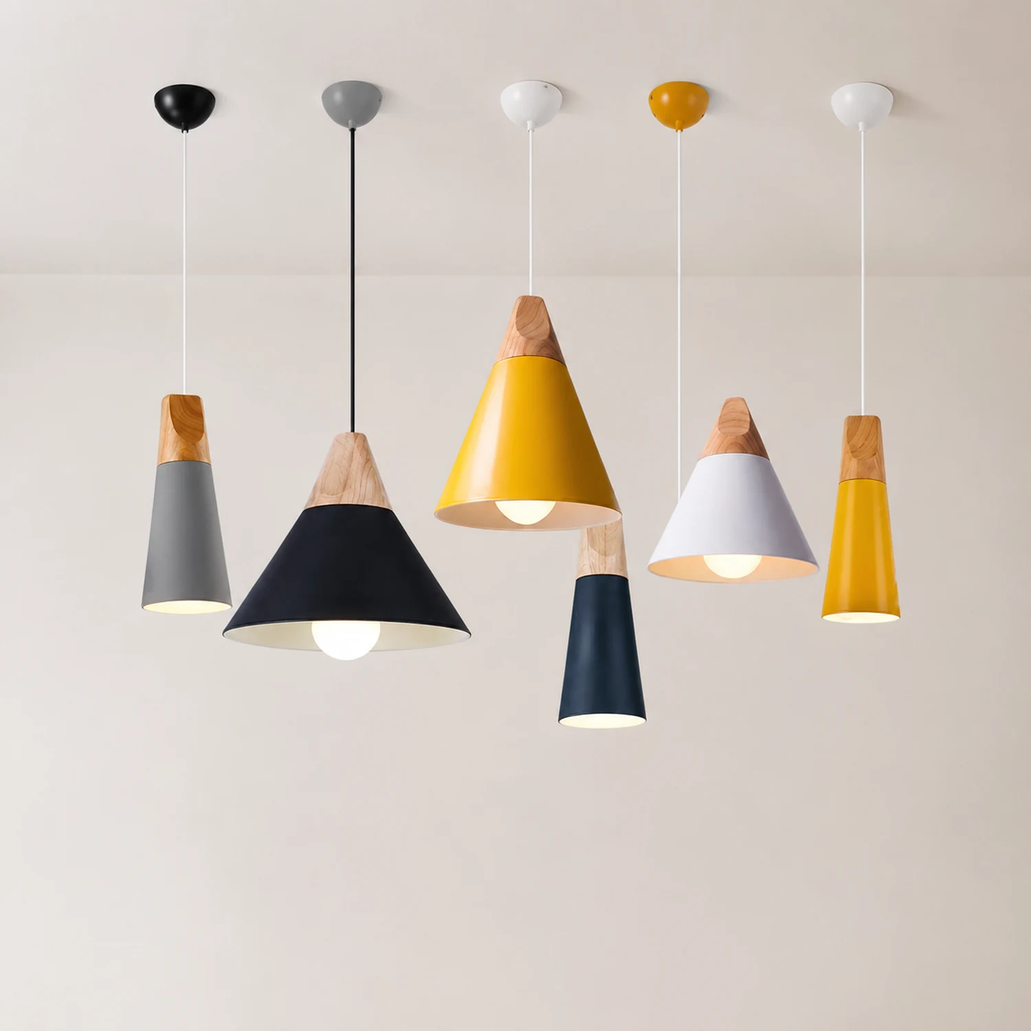 Morandi Multi-Shaped Wood And Metal Pendant Light, 6 Colors - Lumpaz