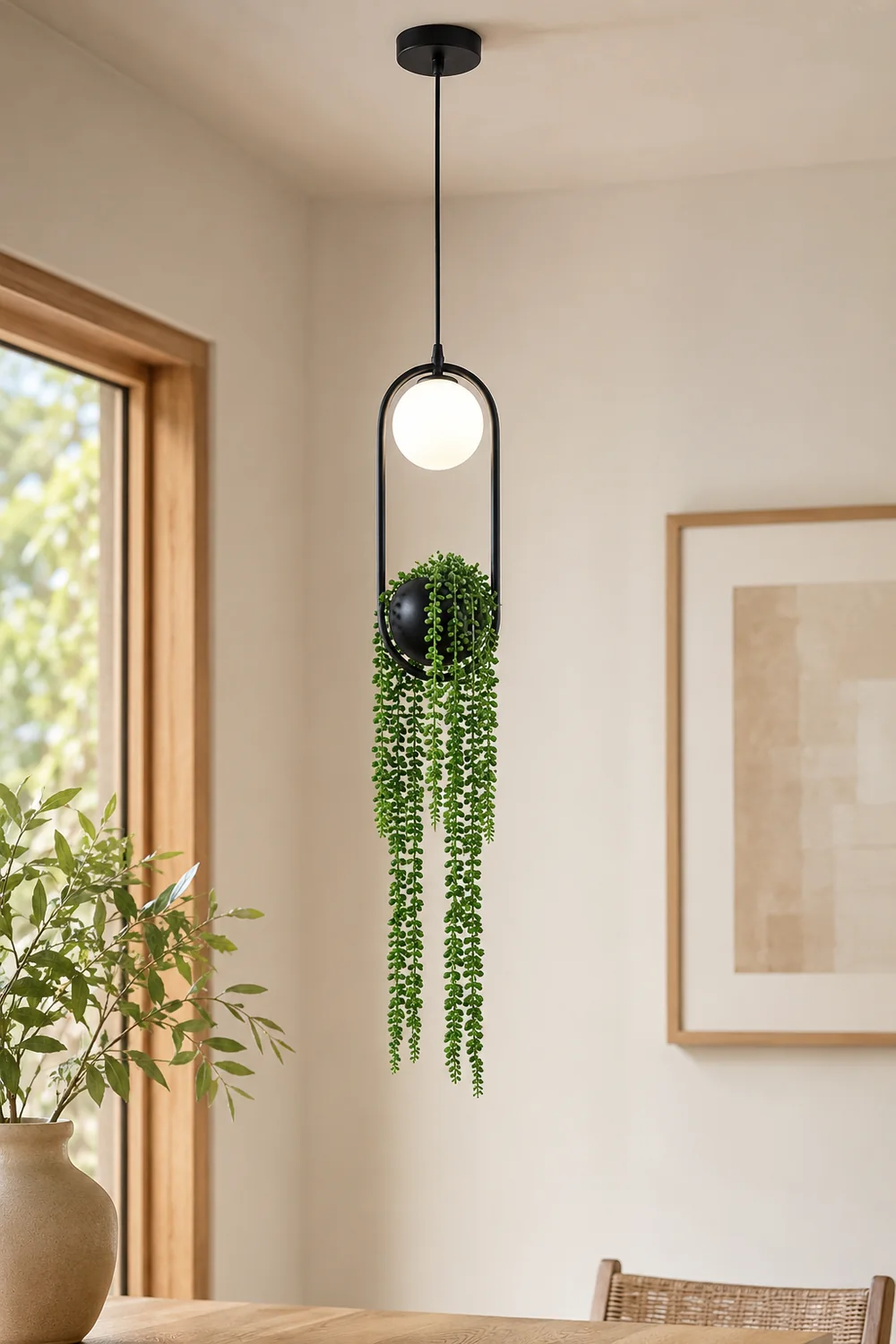 Natural Plant Pot Ball Metal Pendant Light, Black/Green - Lumpaz