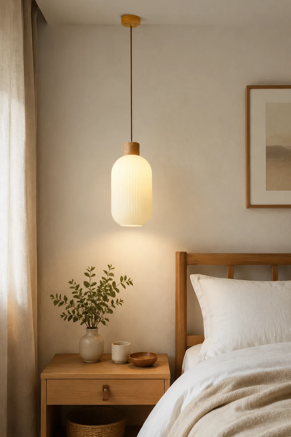 Ozawa Modern Wood/Glass Pendant Light, White - Lumpaz