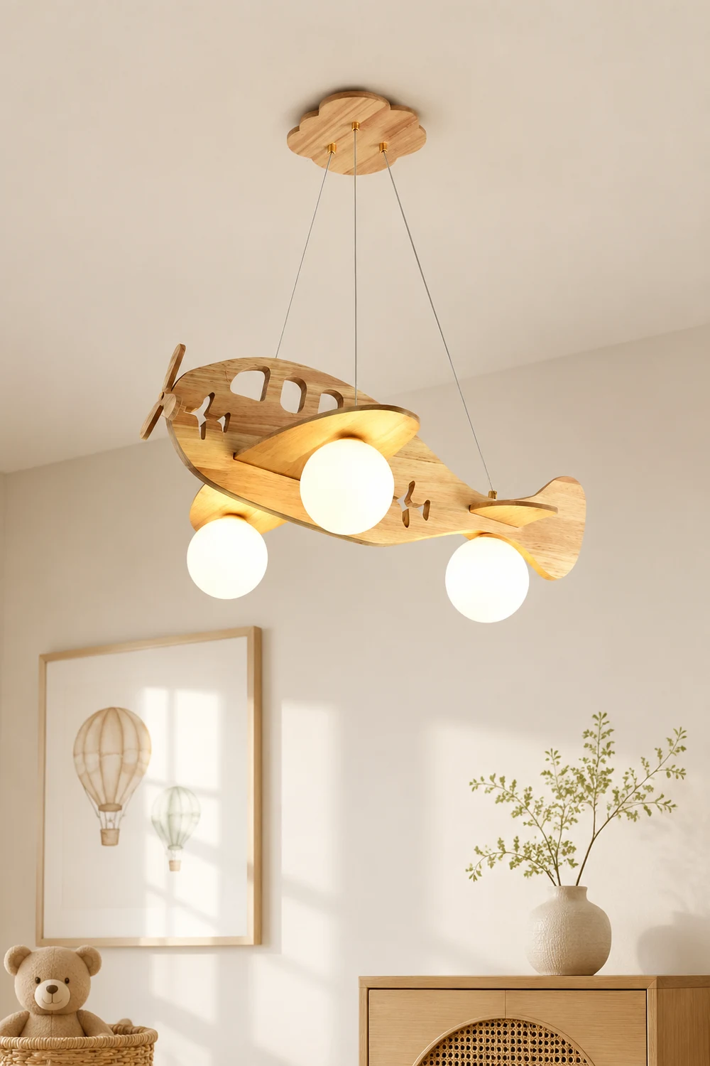 Minori Vintage Airplane Shape Pendant Light, Wood - Lumpaz