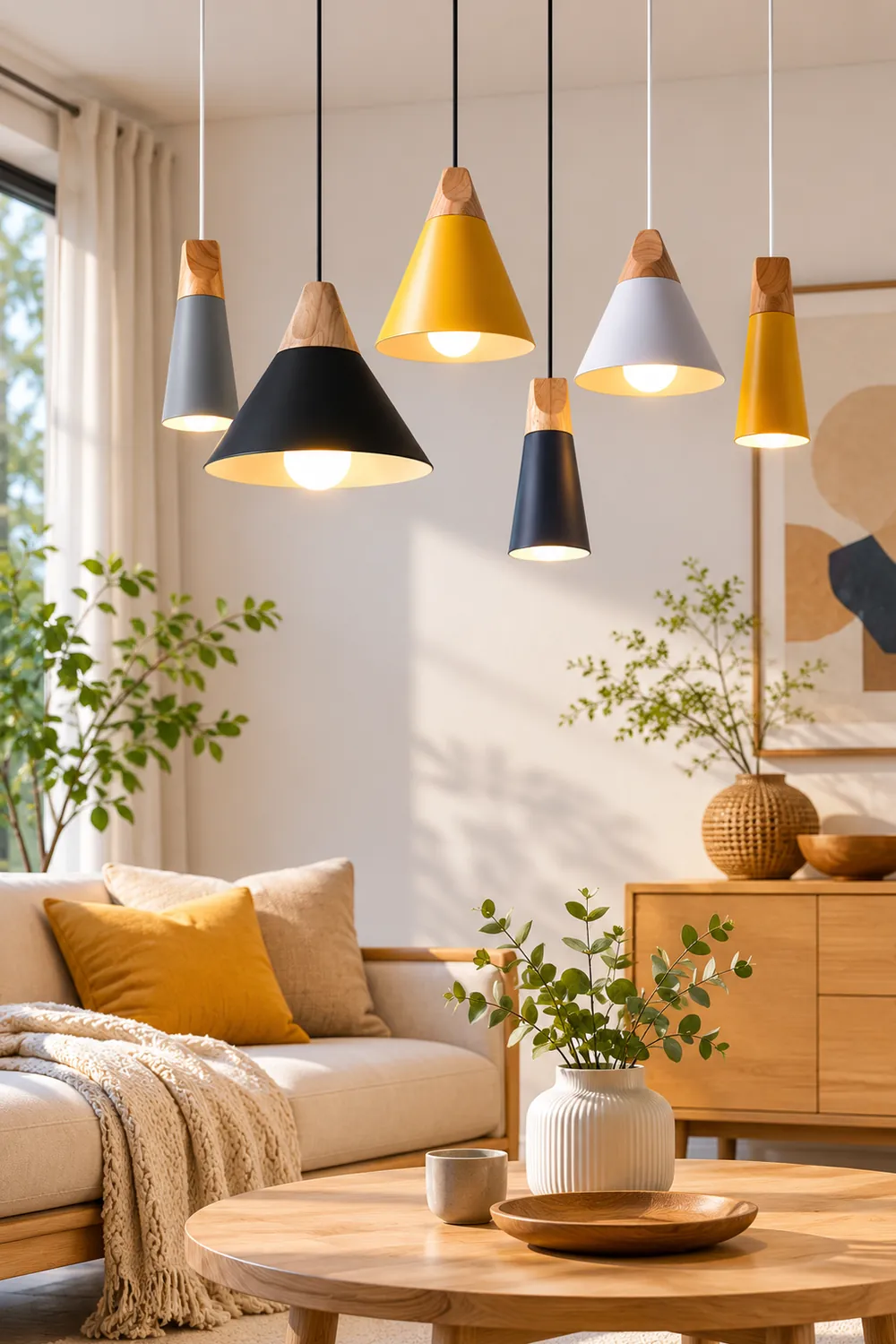 Morandi Multi-Shaped Wood And Metal Pendant Light, 6 Colors - Lumpaz
