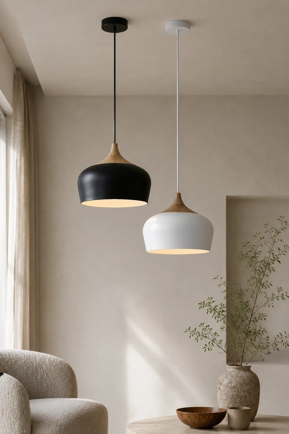 Nazifa Minimalist Metal/Wood Pendant Light, Black/White - Lumpaz
