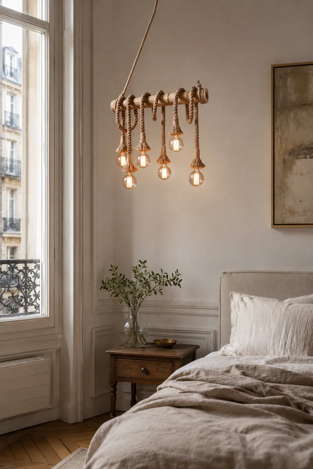 Alessio Vintage Wood/Rope Pendant Light, Farmhouse, Living Room - Lumpaz