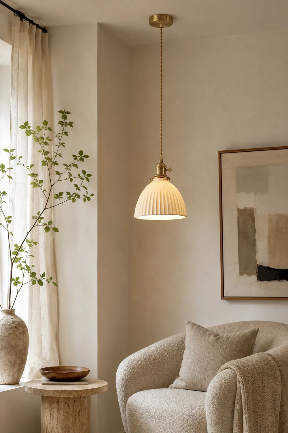 Brass Pleated Ceramic Pendant Lamp - Lumpaz