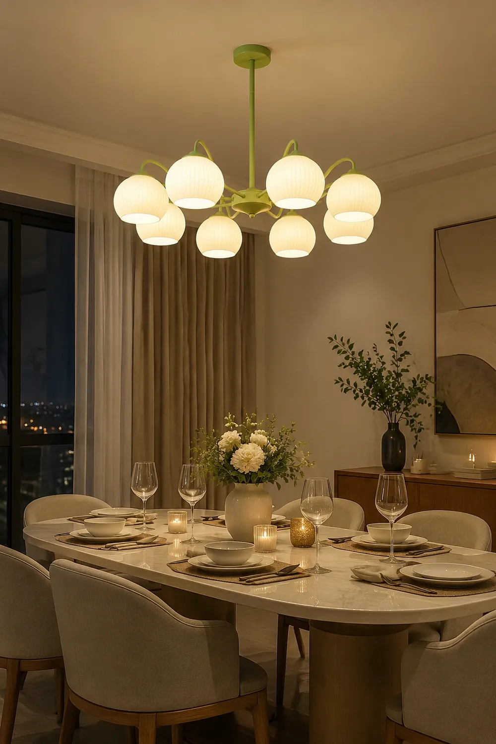 Ribbed Glass Matcha Chandelier - Lumpaz