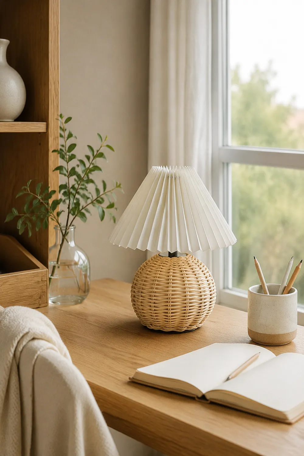Rattan Pleated Built-in Battery Table lamp - Lumpaz