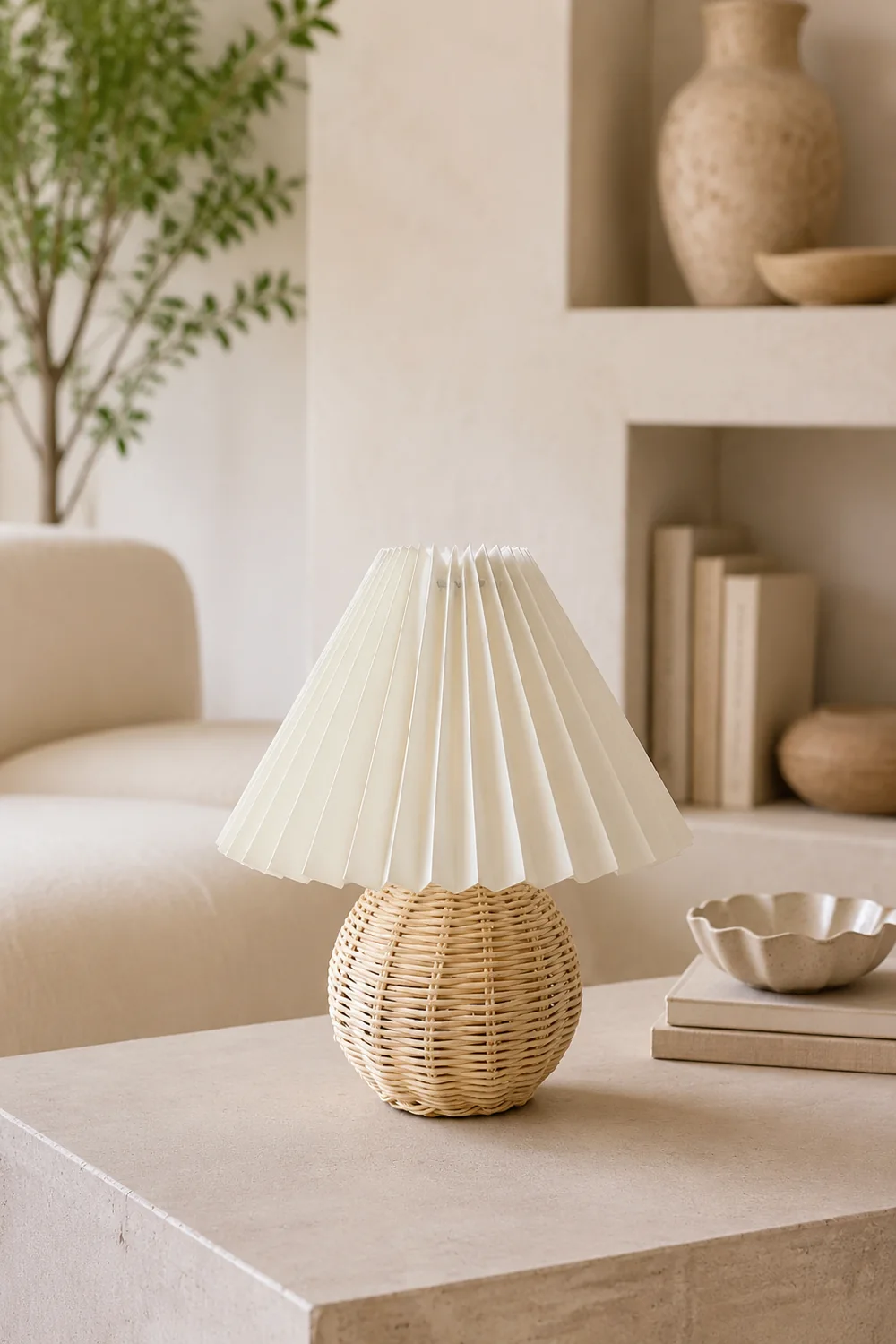 Rattan Pleated Built-in Battery Table lamp - Lumpaz