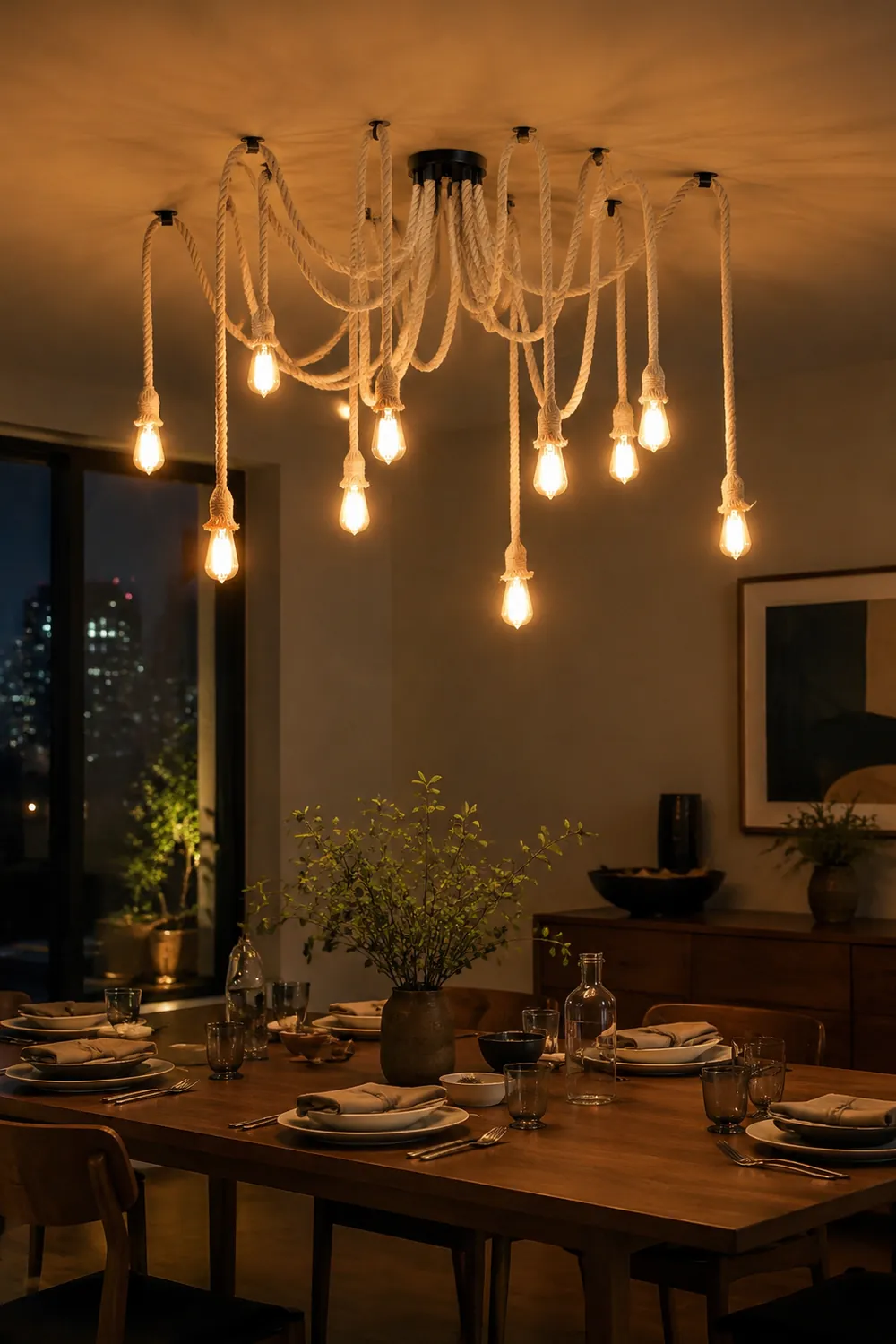 Hemp Rope Scattered Flower Chandelier - Lumpaz