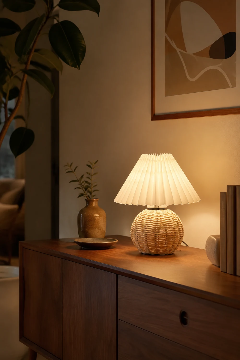 Rattan Pleated Built-in Battery Table lamp - Lumpaz
