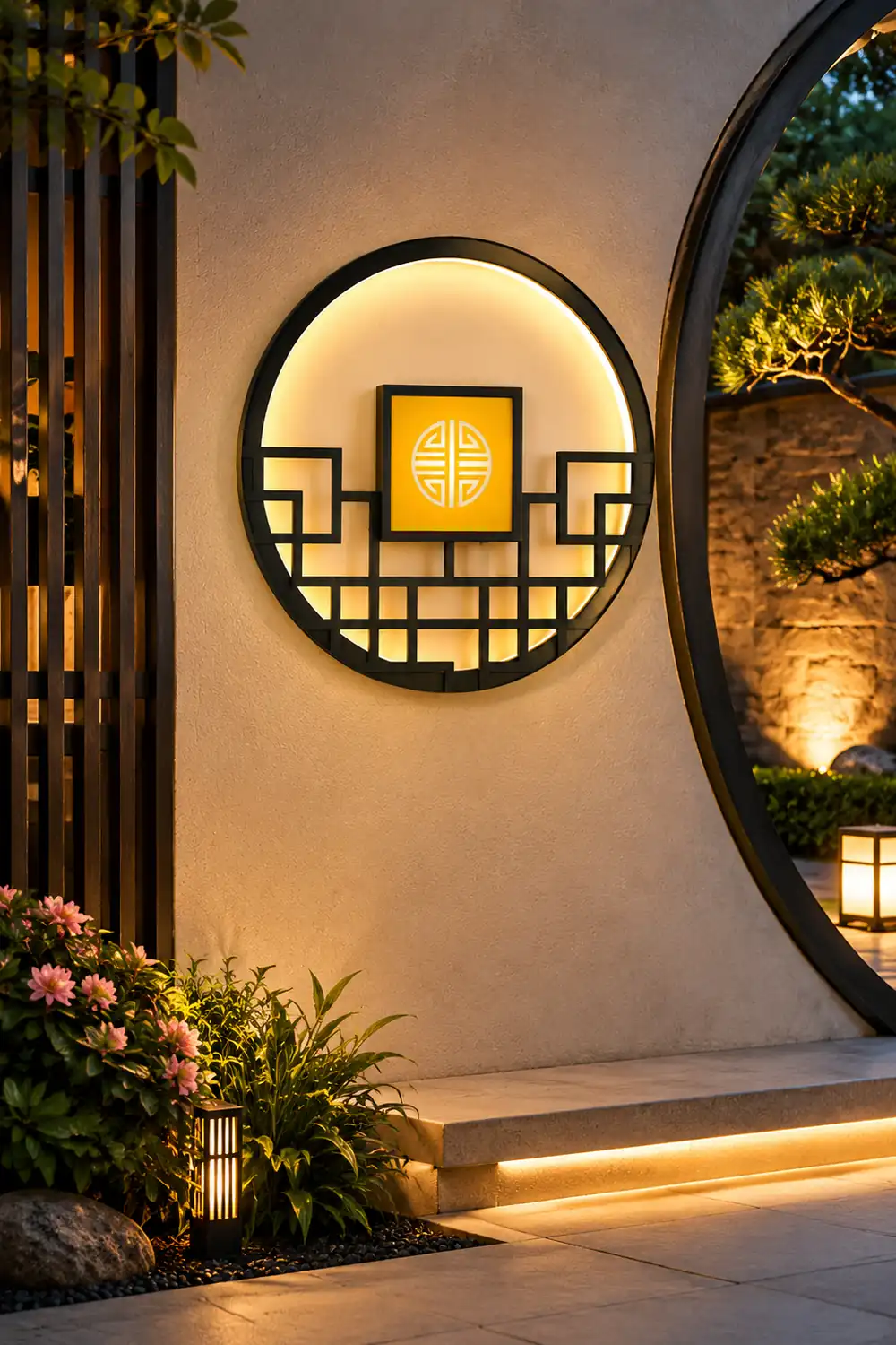 Asian Style Round Garden Wall Light - Lumpaz
