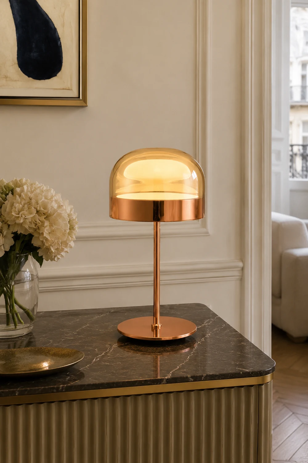 Hailie Minimalistische Pilz Glas/Metall Tischlampe, Schwarz/Rose Gold - Lumpaz