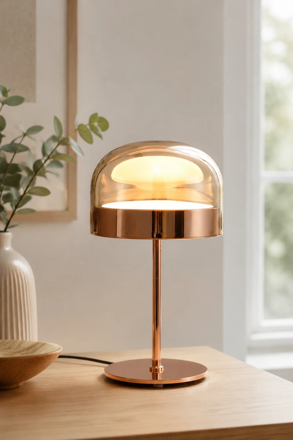 Hailie Minimalistische Pilz Glas/Metall Tischlampe, Schwarz/Rose Gold - Lumpaz