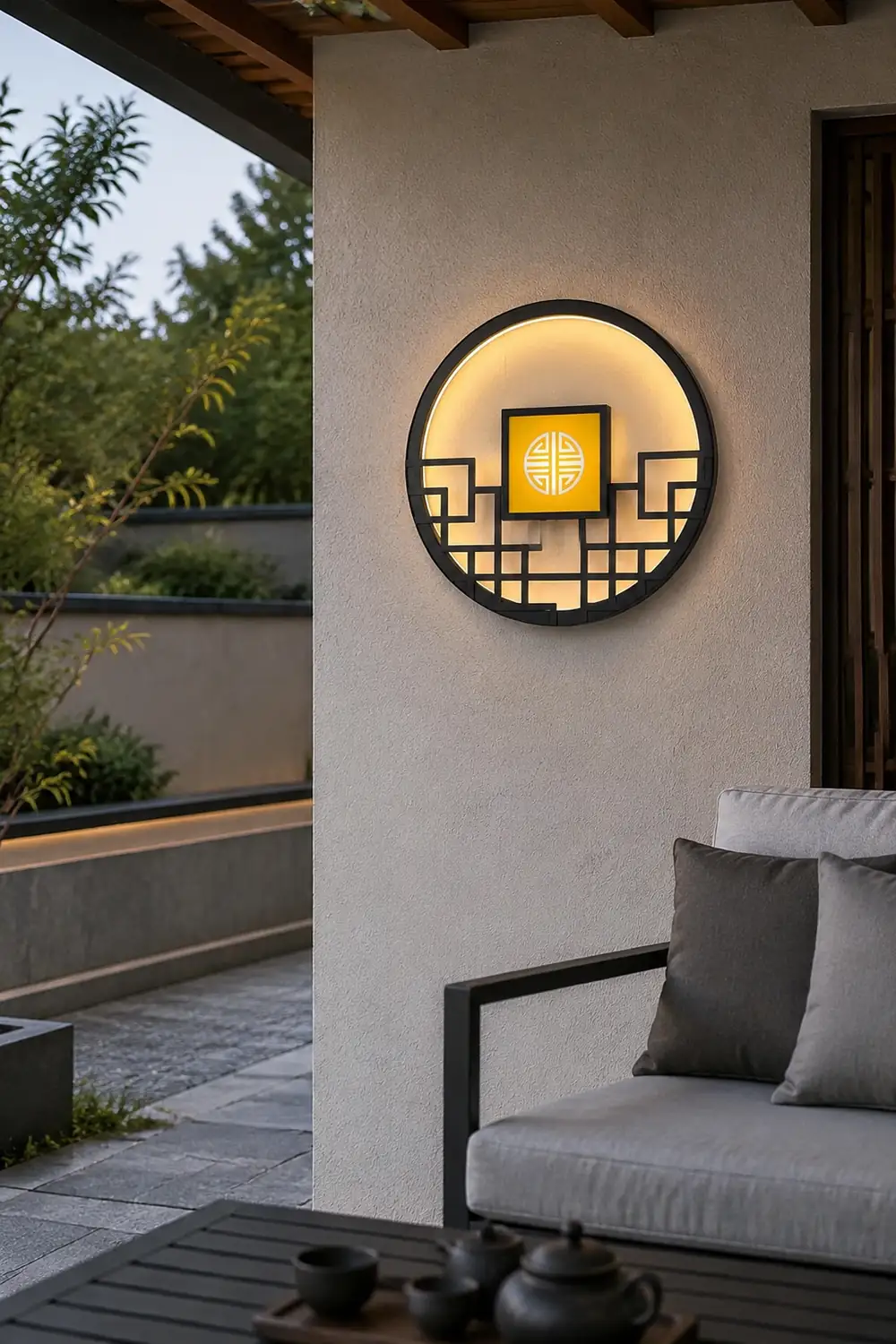 Asian Style Round Garden Wall Light - Lumpaz