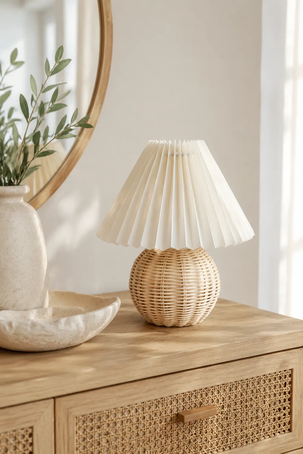 Ozawa Vintage Nachttischlampe, Creme/Beige/Weiß, Rattan/Holz/Keramik - Lumpaz