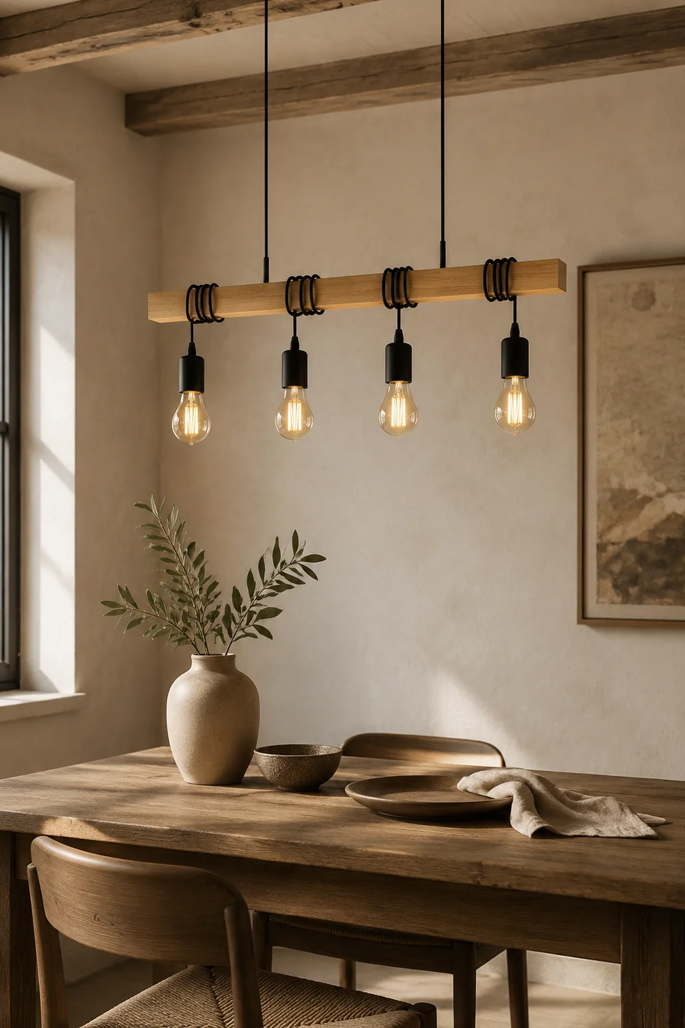 Alessio Rustic Linear Wood Pendelleuchte, Schwarz, 4 Köpfe - Lumpaz