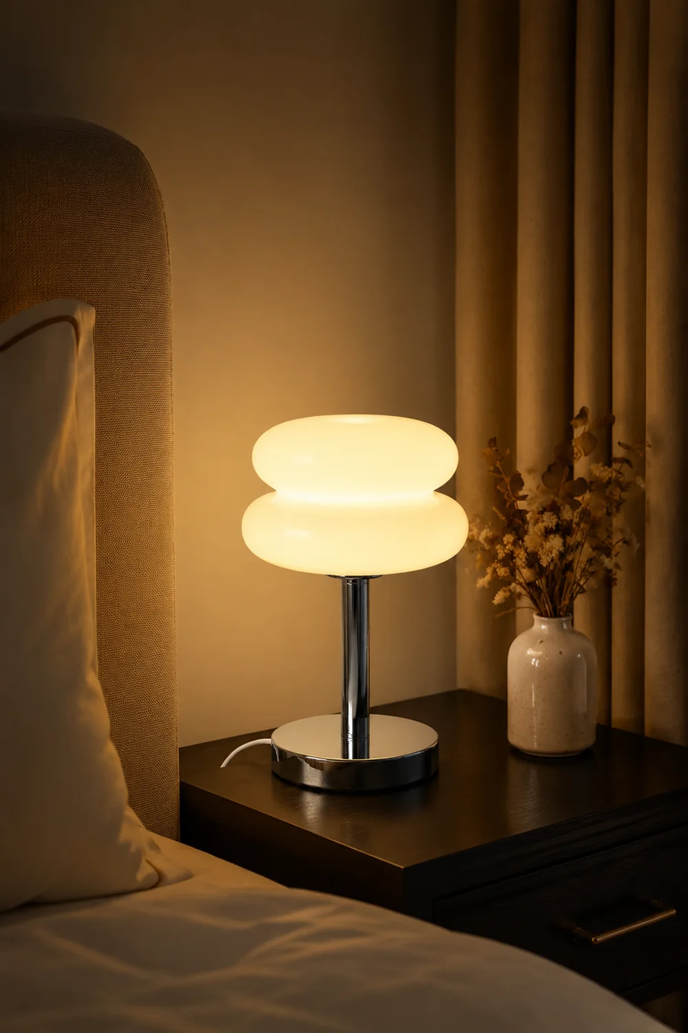 Morandi Modern Rund LED Tischlampe Weiß/Beige/Rosa Wohn/Schlafzimmer Metall&Glas 28CM Lang - Lumpaz