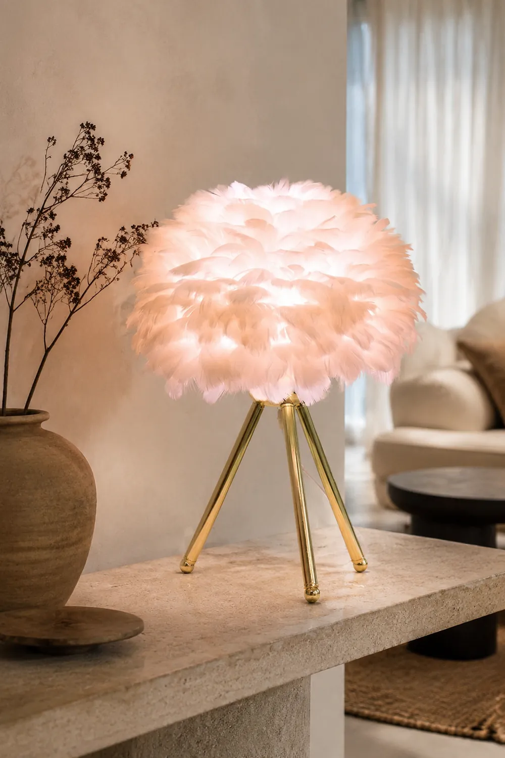 O'Moore Boho Design LED Stehlampe Weiß/Rosa/Grau/Dunkelrosa Wohn/Schlafzimmer Metall/Feder - Lumpaz