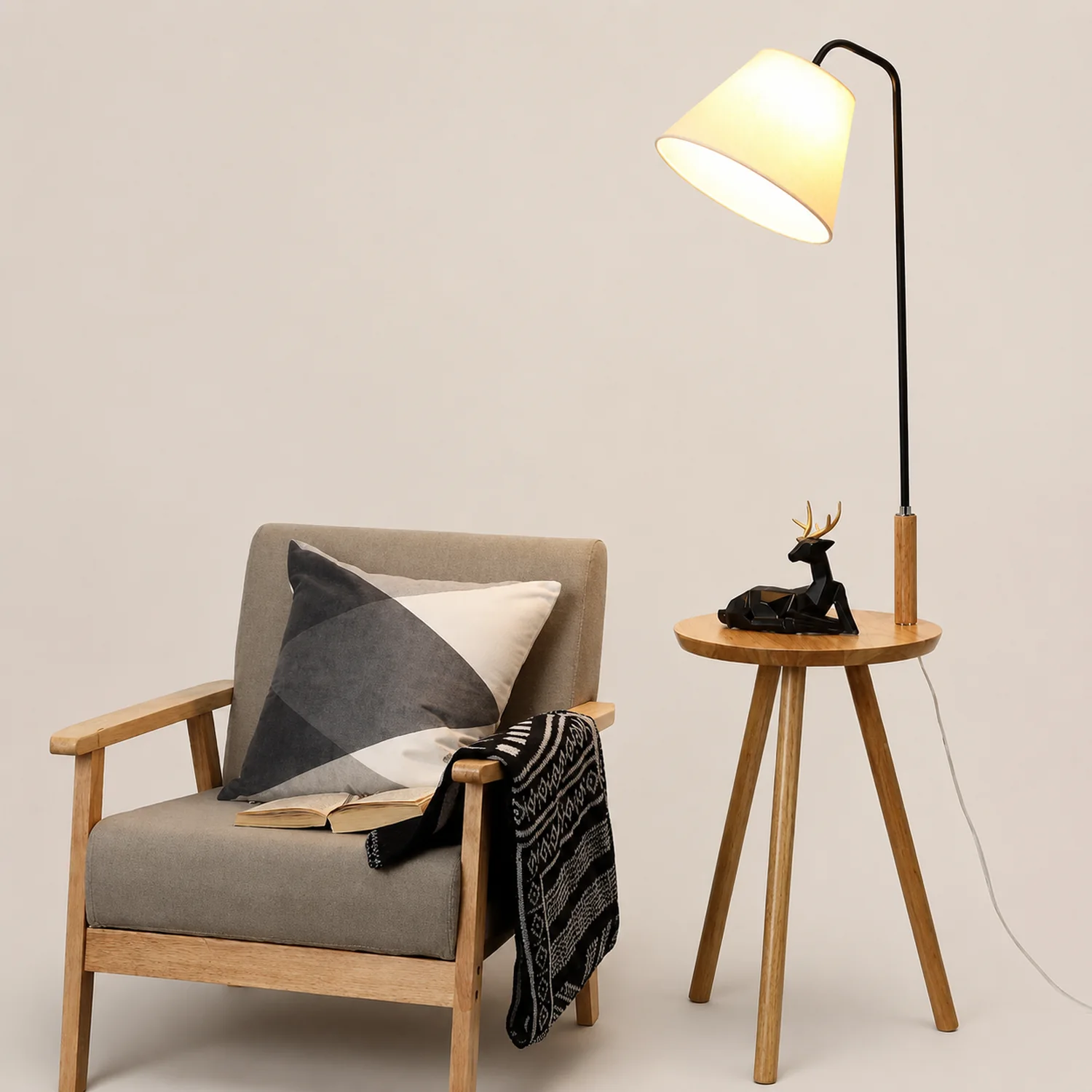 Nordlux Holz Tea Table Textil Stehleuchte, Weiß/Schwarz/Walnuss - Lumpaz
