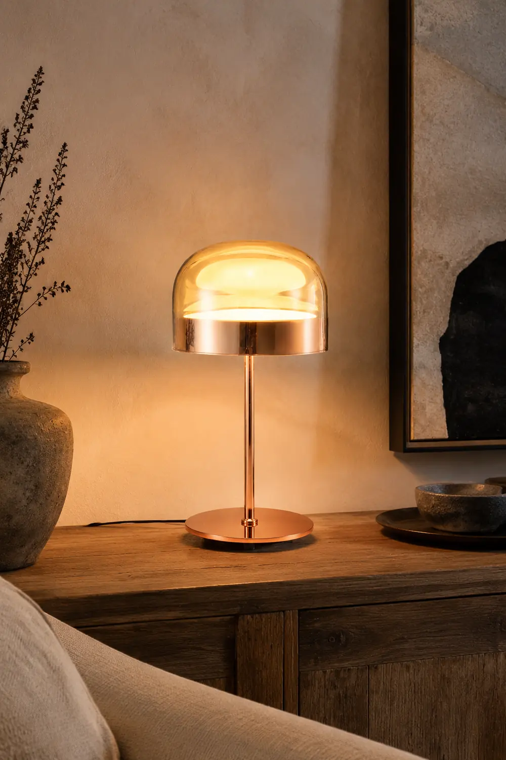 Hailie Minimalistische Pilz Glas/Metall Tischlampe, Schwarz/Rose Gold - Lumpaz
