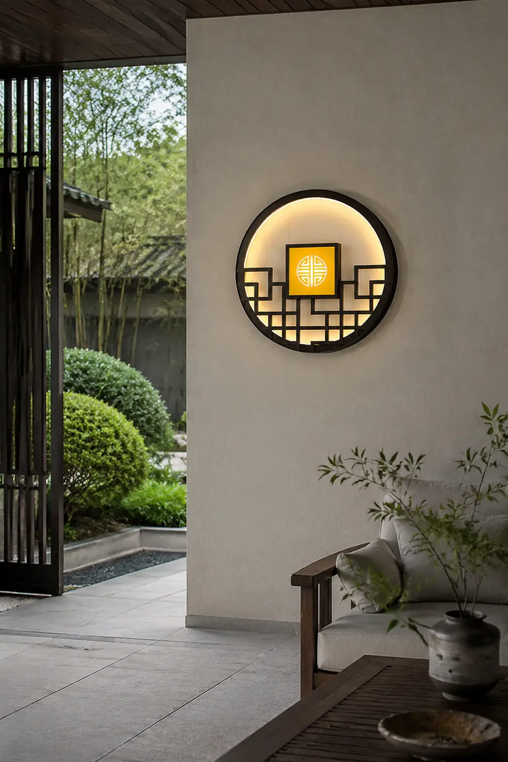 Asian Style Round Garden Wall Light - Lumpaz