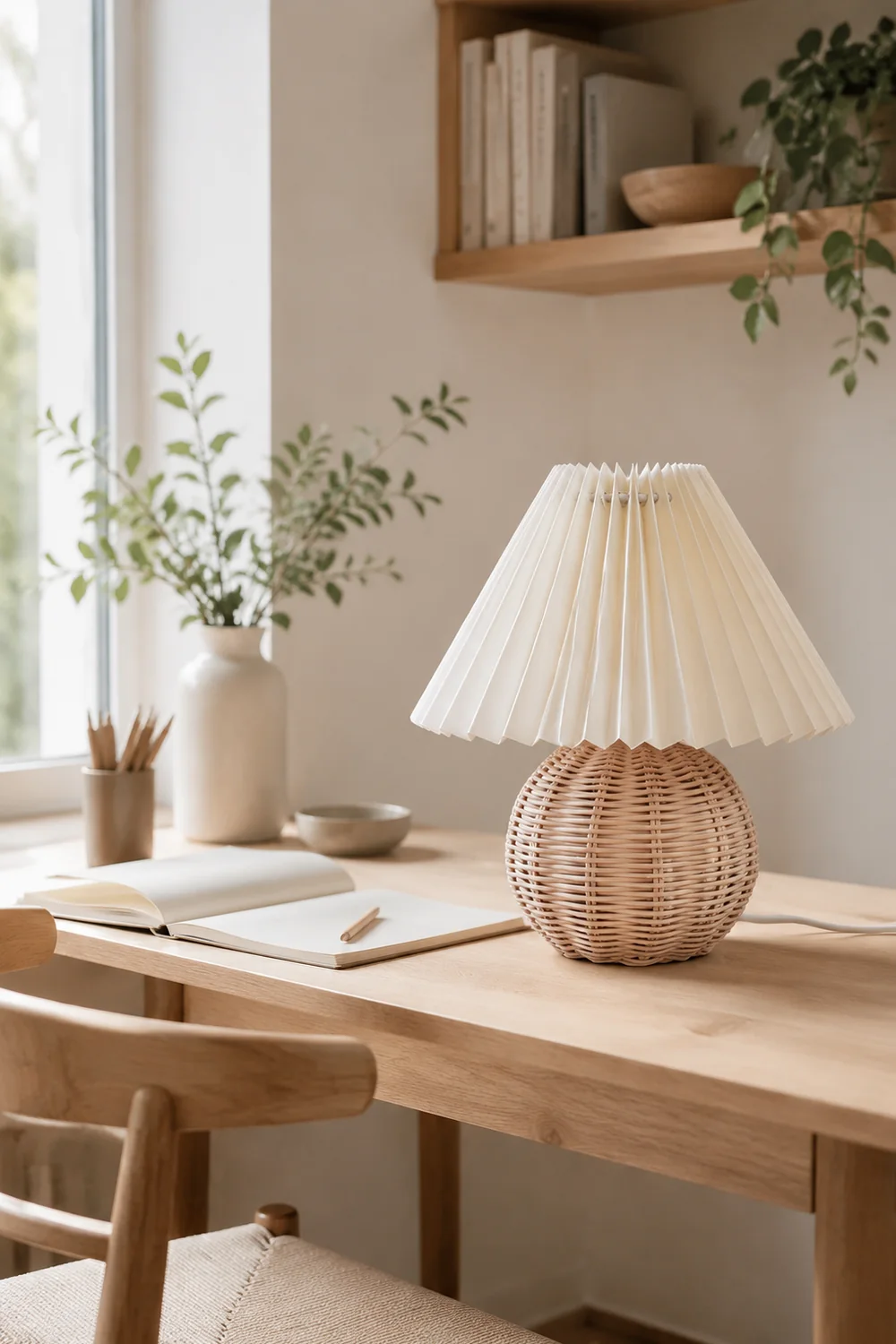 Ozawa Vintage Nachttischlampe, Creme/Beige/Weiß, Rattan/Holz/Keramik - Lumpaz