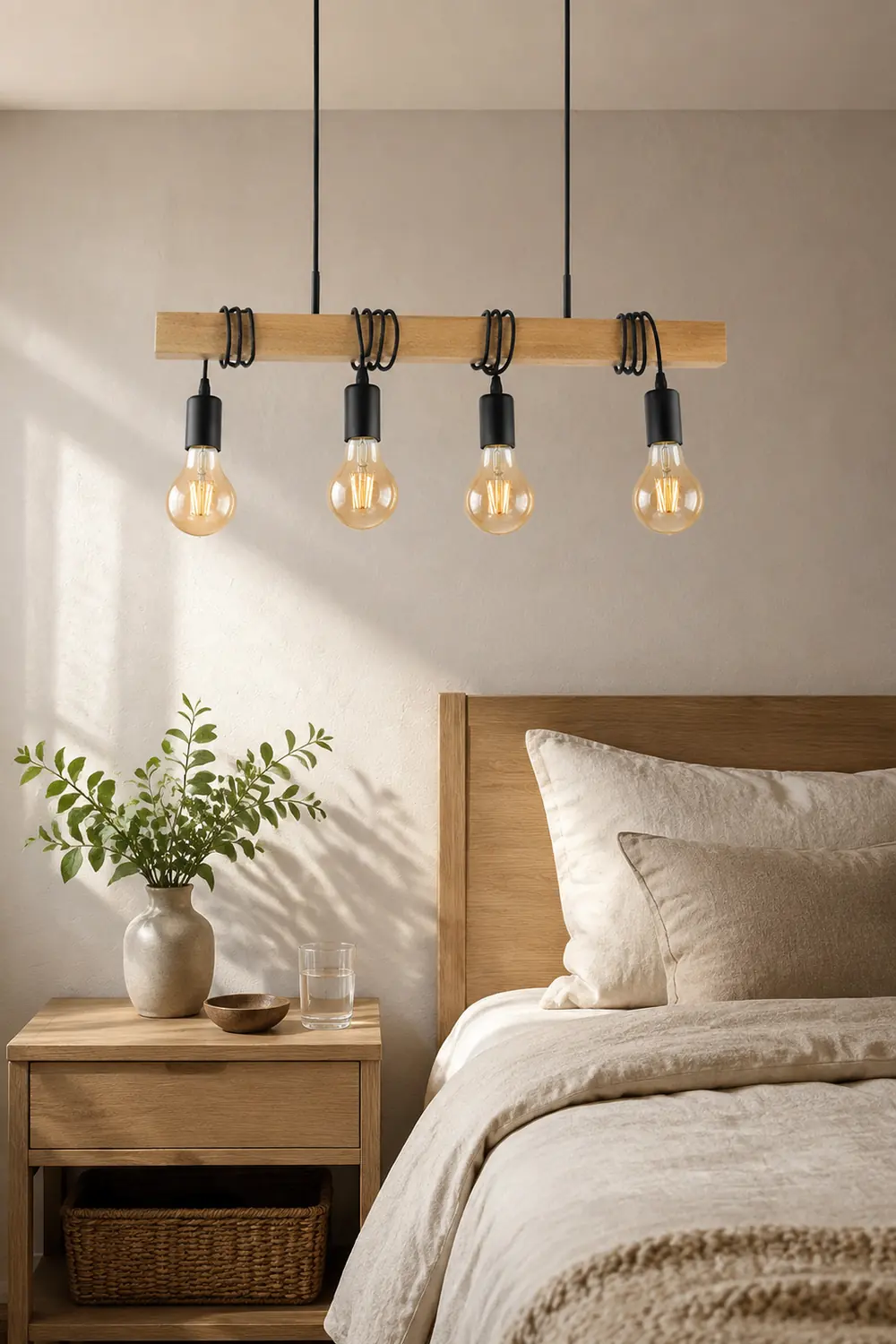 Alessio Rustic Linear Wood Pendelleuchte, Schwarz, 4 Köpfe - Lumpaz