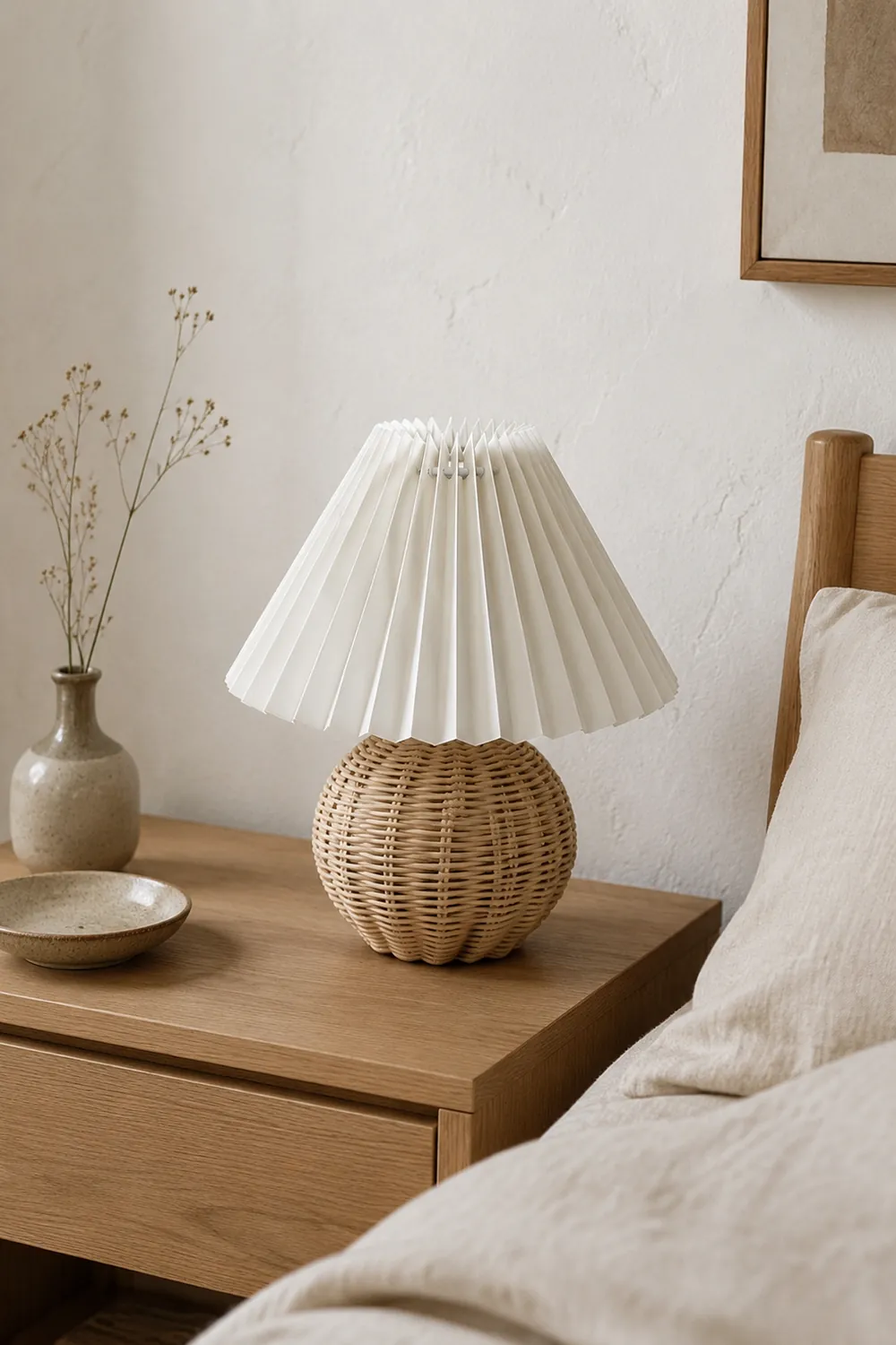 Ozawa Vintage Nachttischlampe, Creme/Beige/Weiß, Rattan/Holz/Keramik - Lumpaz